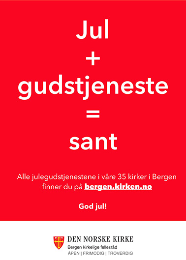 Kampanjeannonsen for julegudstjenestene i bergenskirkene julen 2017.