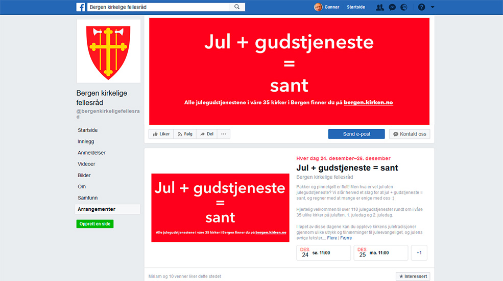 Skjermkopi av Facebook-siden til Bergen kirkelige fellesråd.
