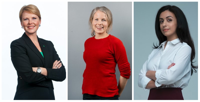 Sett fra venstre: Nestlederne Anne Beathe Tvinnereim (Sp), Kirsti Bergstø (SV) og  Hadia Tajik (Ap) er alle troende. Foto: Sp / SV / Ap
