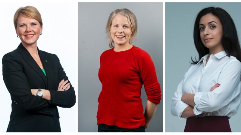 Sett fra venstre: Nestlederne Anne Beathe Tvinnereim (Sp), Kirsti Bergstø (SV) og Hadia Tajik (Ap) er alle troende. Foto: Sp / SV / Ap