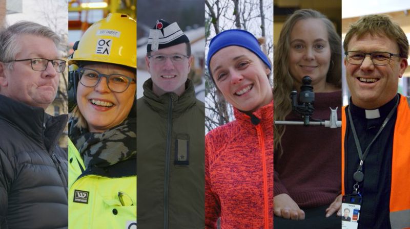 SPESIALPRESTENE: Politiprest Inge Ålgård (f.v.), offshoreprest Berit Bjørnerud, feltprest Andreas Øksnes, fengselsprest Carina Møller, sykehusprest Katrine Bråtane og lufthavnprest Torbjørn Olsen. (Foto: TV2)