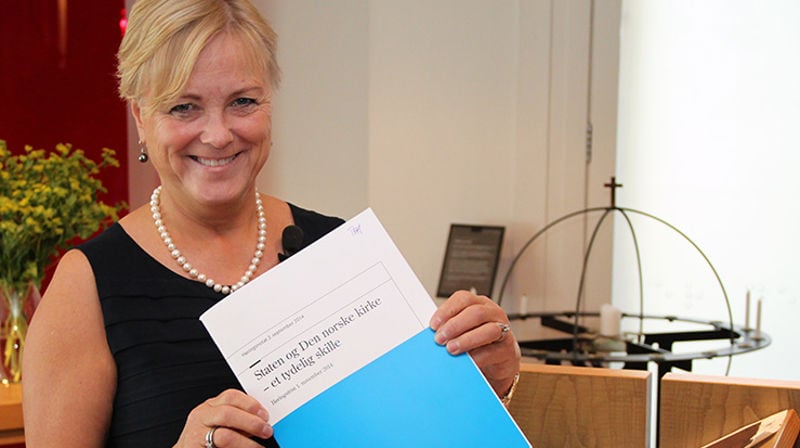 Kulturminister Thorhild Widvey presenterte 2. september regjeringens opplegg for  et tydelig skille mellom staten og Den norske kirke.