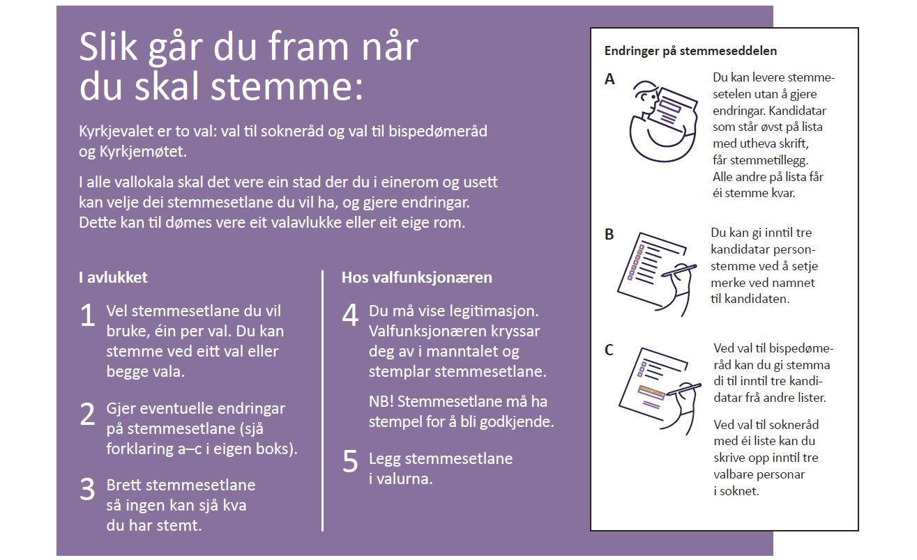 På baksida av sjølve valkortet er det ei forklaring av korleis ein går fram for å stemme. Teksten frå denne rettleiinga finn du lenger ned på denne sida.