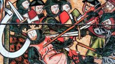 Olav den helliges martyrdød på Stiklestad. Olav regnes som Norges nasjonalhelgen. Detalj fra en alterfront fra 1400-tallet (Olavsantemensale), i Nidarosdomen.