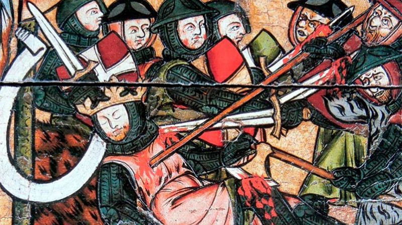Olav den helliges martyrdød på Stiklestad. Olav regnes som Norges nasjonalhelgen. Detalj fra en alterfront fra 1400-tallet (Olavsantemensale), i Nidarosdomen.